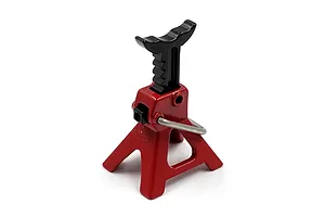 A single red and black scale model jack stand for RC cars, featuring an adjustable height mechanism and a metal safety pin.