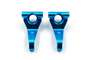Two blue anodized aluminium RC front steering hubs positioned side-by-side against a white background.