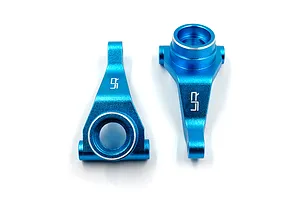 Two blue anodized aluminium RC steering hubs from Yeah Racing, showing the YR logo laser-etched on the surface.