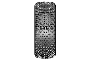 A single GRP 1/6 scale Micro P3 buggy tyre showing the detailed square-lug tread pattern from a top-down perspective.