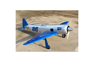 Seagull RC Reno Yak 11 Czech Mate plane in blue and silver livery parked on a concrete runway.