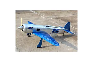 A Seagull RC Yak 11 Czech Mate warbird model plane in pearl blue and chrome finish, sitting on a concrete runway.