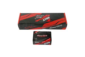 Gens Ace 7.4V 5700mAh 60C 2S3P hard case LiPo battery shown in front of its branded red and black retail packaging box.