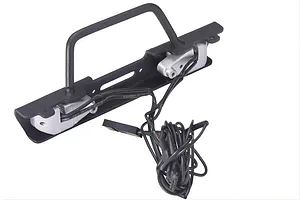 A black metal RC crawler bumper with an integrated bull bar and two LED light pods, featuring attached wiring and a connector.