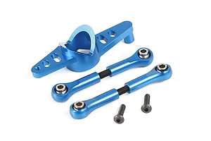 Rovan blue anodised aluminium steering mount and two adjustable tie rods with ball ends and mounting screws on a white background.