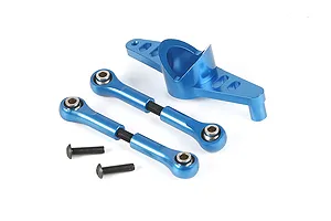 A Rovan blue anodized aluminium steering mount set including a main mount, two adjustable tie rods with ball ends, and two black screws on a white background.