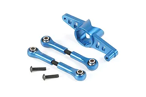 A set of blue anodized aluminium RC steering components including a servo horn, two turnbuckle linkages, and two black screws on a white background.