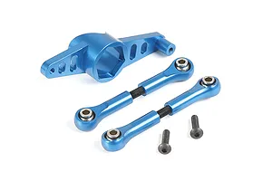 A set of blue anodized aluminium RC steering components including a steering arm and two adjustable tie rods with ball ends and two black screws.