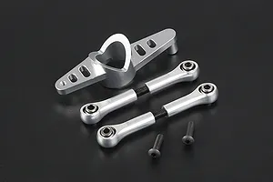 Rovan silver aluminium steering mount set including a main steering arm, two adjustable tie rods with ball ends, and two black mounting screws.