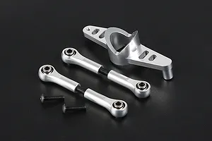 Rovan silver aluminium steering mount and two adjustable tie rods with ball ends and black screws on a black background.