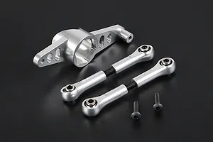 Rovan silver aluminium dual steering mount set including a steering arm, two adjustable tie rods with rod ends, and two black screws.