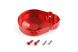 A red anodized aluminium transmission case for an RC car, accompanied by two small red pins and two black R-clips on a white background.
