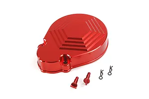 A red anodized aluminium RC transmission gear cover with a hexagonal pattern, accompanied by two small metal pins and two R-clips.