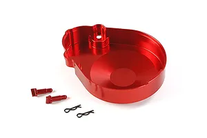A red anodized aluminium transmission case for an RC car, accompanied by two small red metal pins and two black R-clips on a white background.