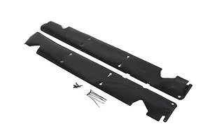 A pair of black RC car dust guards with mounting screws and zip ties on a white background.
