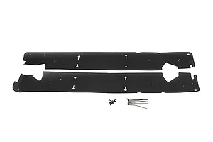 Two black Rovan RC dust guard panels with mounting screws and zip ties on a white background.
