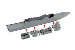 Unassembled grey plastic model ship hull and internal deck components for a Tamiya 1/700 scale JMSDF Mogami class frigate, with red arrows indicating assembly.