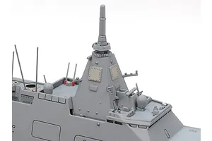 Close-up of the mast and superstructure of a 1/700 scale Tamiya JMSDF Mogami-class frigate model kit.