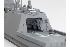 Close-up of the stern and helicopter hangar area of a 1/700 scale Tamiya JMSDF Mogami-class frigate model kit.