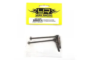 Two Yeah Racing spring steel CVD driveshafts in original yellow and white retail packaging.