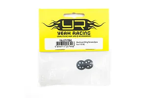 A sealed plastic bag containing two black aluminium wing screws for RC cars, with the Yeah Racing yellow and black header card visible.