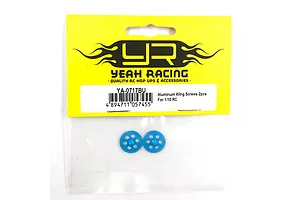 Two blue aluminium wing screws for 1/10 RC cars in Yeah Racing branded packaging.
