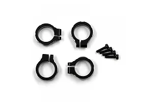 Four black aluminium suspension clamps and four small black screws arranged on a white background.