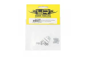 Yeah Racing aluminium flat washer set in black, featuring various thicknesses in a sealed retail bag with a yellow header card.