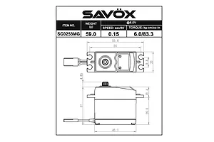 Technical dimension diagram for the Savox SC-0253MG servo showing top and side views with measurements in millimeters.