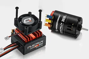 Hobbywing QuicRun 10BL60 ESC with cooling fan and 3650 G2 brushless motor side by side on a white background.
