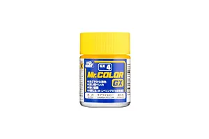A small glass jar of Mr. Hobby GX Chiara Yellow model paint with a yellow screw-top lid against a white background.