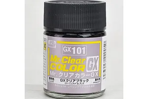 A 10ml glass jar of Mr. Hobby GX Clear Black paint with a black screw-top lid against a white background.