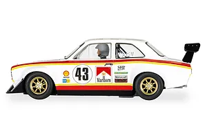Side profile of a white Scalextric 1/32 Ford Escort MK1 RSR slot car with red and yellow racing stripes, number 43, and Marlboro branding.