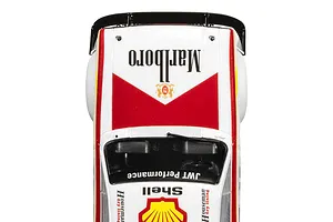 Top-down view of a Scalextric 1/32 scale Ford Escort MK1 slot car featuring Marlboro and Shell racing liveries.