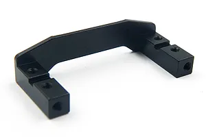 A black anodized aluminium servo mount for RC cars, featuring a bridge design with multiple threaded mounting holes.