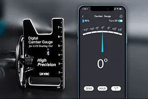 SkyRC digital camber gauge for 1/10 touring cars shown next to a smartphone displaying the companion app interface.