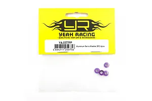 Four small purple anodized aluminium servo washers in a Yeah Racing branded retail package.