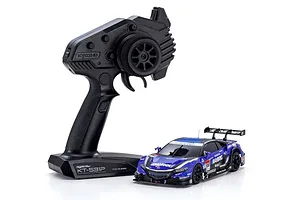 Kyosho Mini-Z RAYBRIG NSX Concept-GT 2014 RC car in blue and black livery with its included black Kyosho KT-531P pistol-grip transmitter.