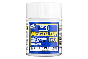 A small jar of Mr. Hobby GX1 Cool White Gloss paint with a white cap and blue and yellow label.