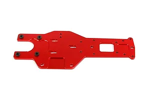 A red anodized aluminium rear main chassis plate for an RC car, featuring multiple mounting holes and cutouts, set against a white background.