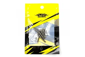 A sealed yellow and black Yeah Racing branded plastic bag containing ten titanium button head screws.
