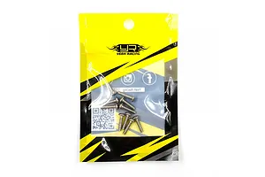 A pack of ten Yeah Racing titanium 3x12mm coarse thread button head screws in a yellow and black branded plastic bag.