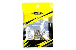 A pack of ten Yeah Racing titanium button head screws in a yellow and black branded plastic bag.