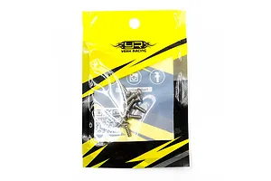 A pack of ten Yeah Racing titanium 3x8mm coarse thread button head screws in a yellow and black branded plastic bag.