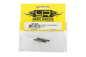 Two Yeah Racing 64 Titanium 3x26mm turnbuckles in a clear plastic bag with a yellow branded header card.