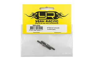 Two 3x30mm titanium turnbuckles from Yeah Racing in their original yellow and white retail packaging.