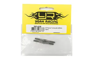 Two Yeah Racing 64 Titanium 3x38mm turnbuckles in their original yellow and clear plastic retail packaging.