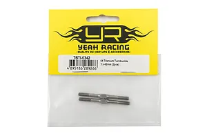 Two Yeah Racing 64 Titanium 3x42mm turnbuckles in their original yellow and clear plastic retail packaging.