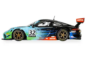 Side profile of a Scalextric 1/32 scale Porsche 911 GT3 R slot car with black, blue, and green livery and gold wheels.