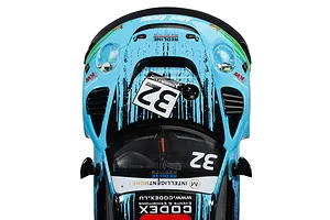 Top-down view of a Scalextric 1/32 scale Porsche 911 GT3 R slot car in light blue and black Redline Racing livery with number 32.
